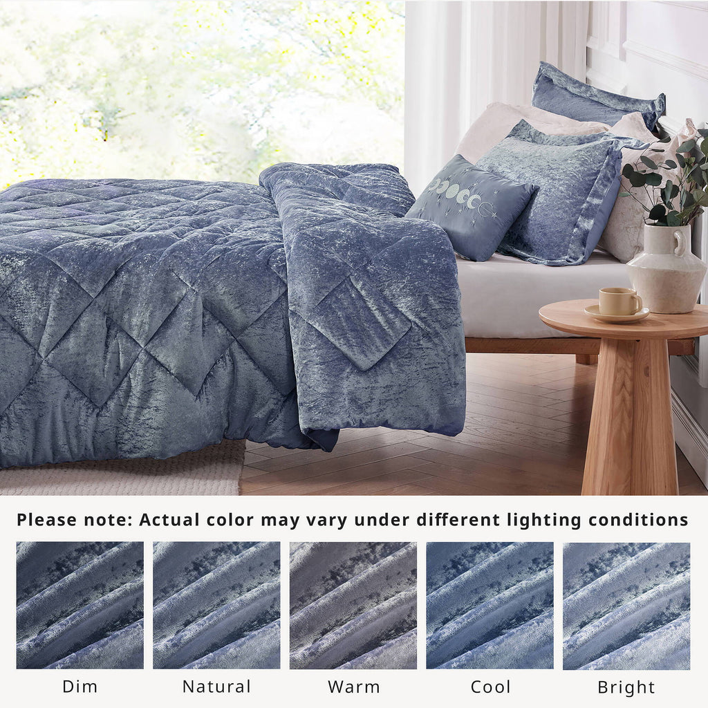 Felicia - Velvet Twin Comforter Set With Throw Pillow - Blue