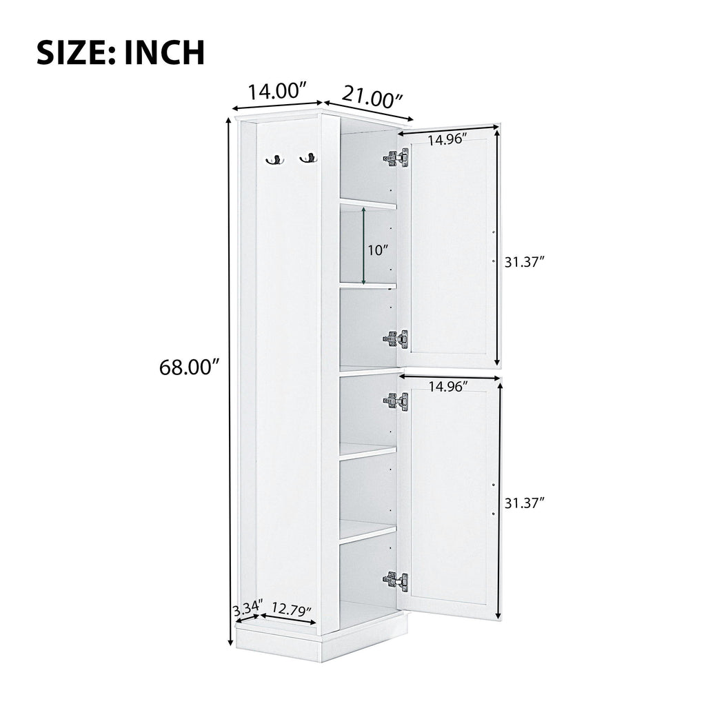 Tall Freestanding Bathroom Storage Cabinet With Adjustable Shelves And Side Hooks