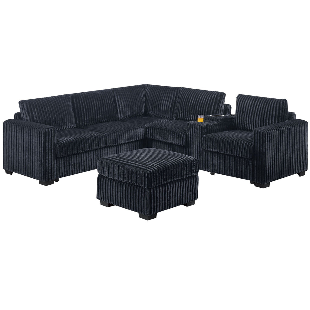 Contemporary L-Shaped Sectional Set With USB Console & Ottoman