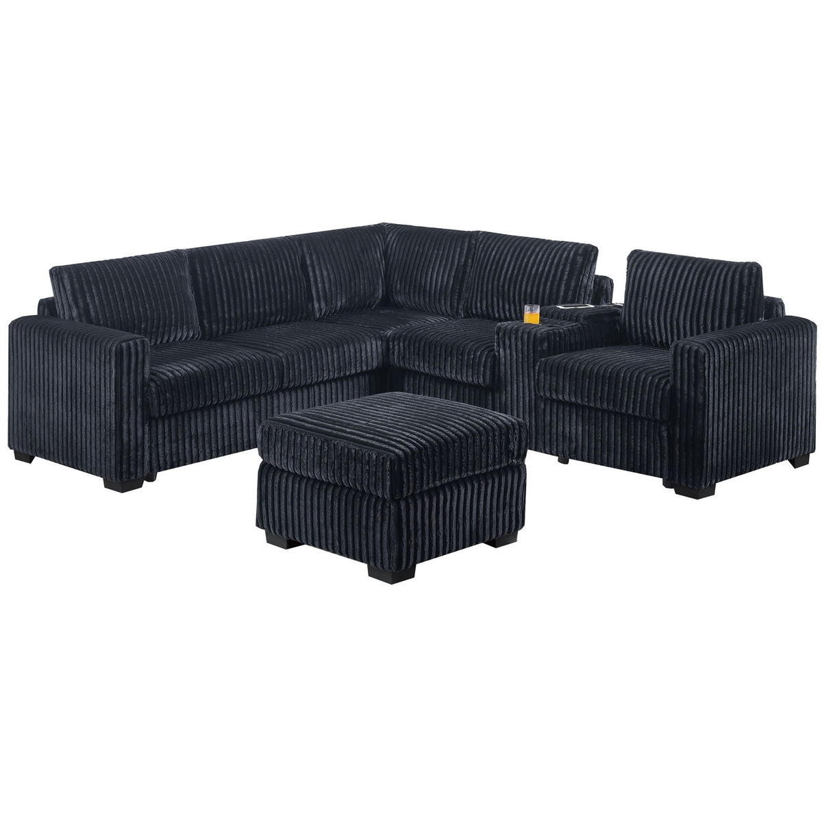 Contemporary L-Shaped Sectional Set With USB Console & Ottoman