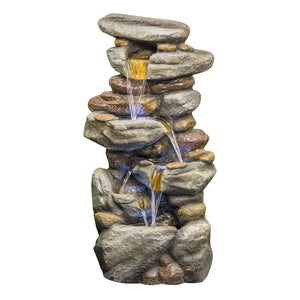 Stacked Rock Waterfall Fountain With LED Lights For Garden - Gray