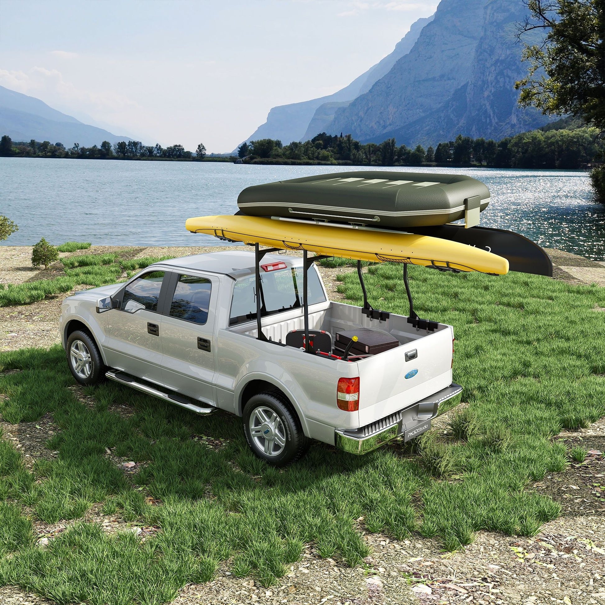 Heavy Duty Universal Truck Bed Ladder Rack, No-Drill Installation, Adjustable - Black