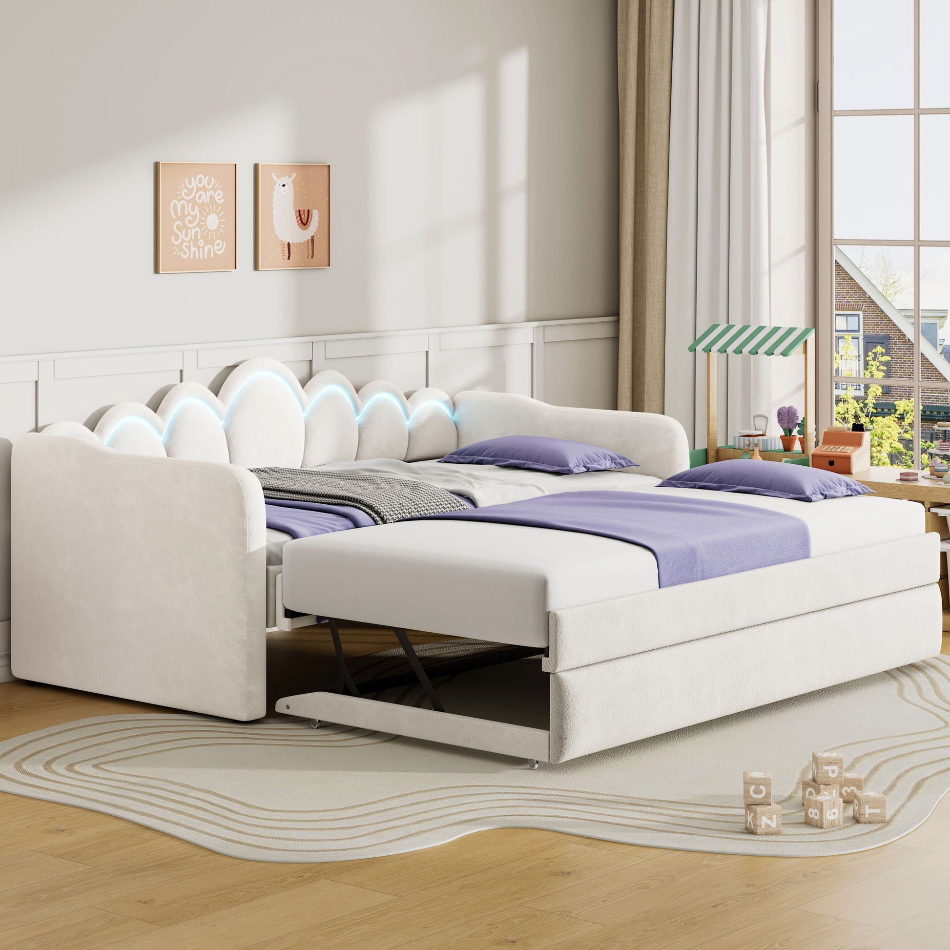 Upholstered Daybed With Adjustable LED Trundle