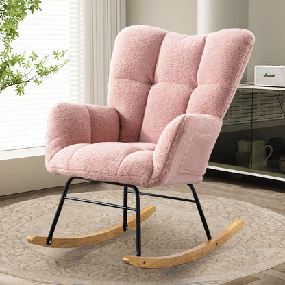 Teddy Rocking Chair, Upholstered Rocker Armchair With High Backrest, Modern Rocking Accent Chair For Nursery, Living Room