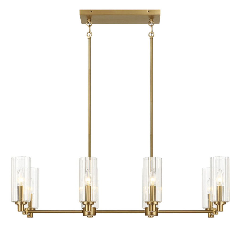 Willow - 8 Lights Island With Clear Ribbed Pendant Lamp Satin - Antique Brass / Clear / Gold