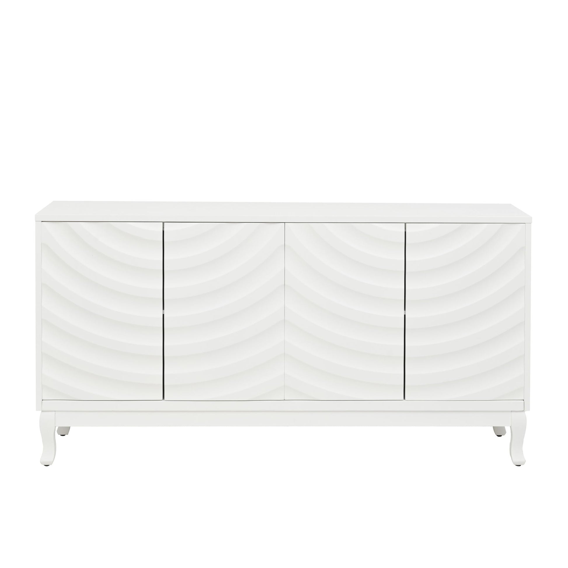 Elegant Sideboard With Sophisticated Wavy Pattern Doors And Arched Groove Design, Adjustable 4 Door Layout