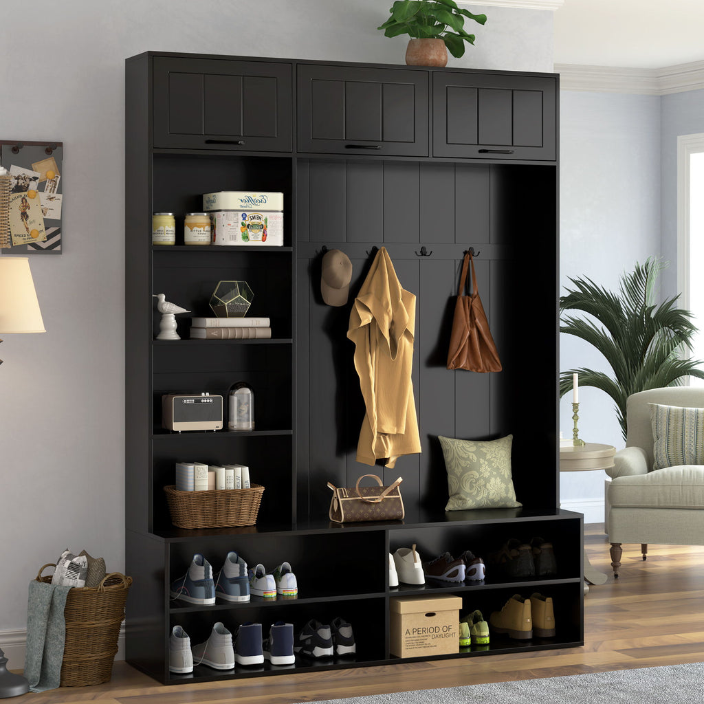 Hall Tree With Bench And Shoe Storage, 5 In 1 Entryway Bench With Coat Rack, Storage Organizer Cabinet With 4 Hooks For Hallway - Black