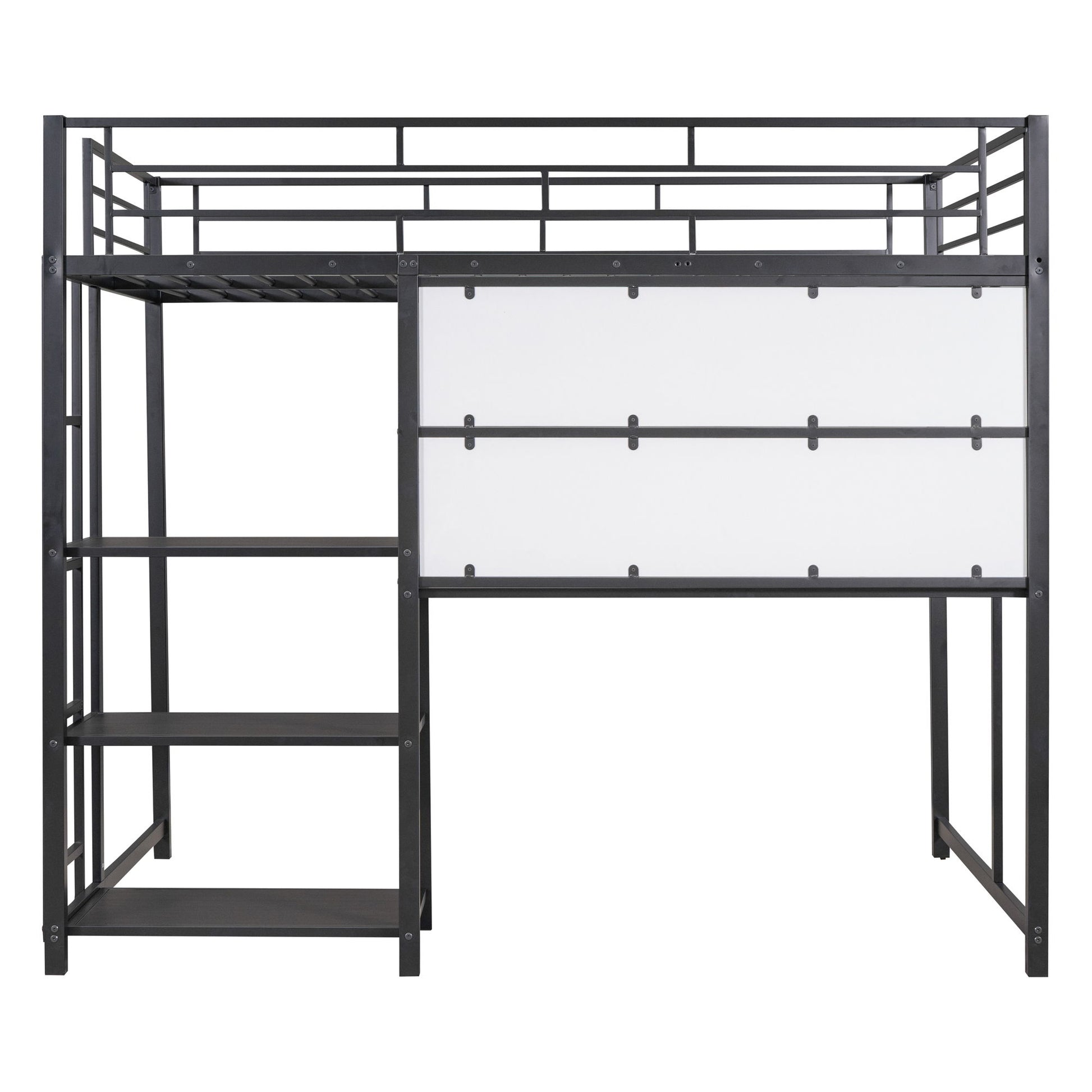 Metal Loft Bed With Desk, 3 Shelves And Ladder