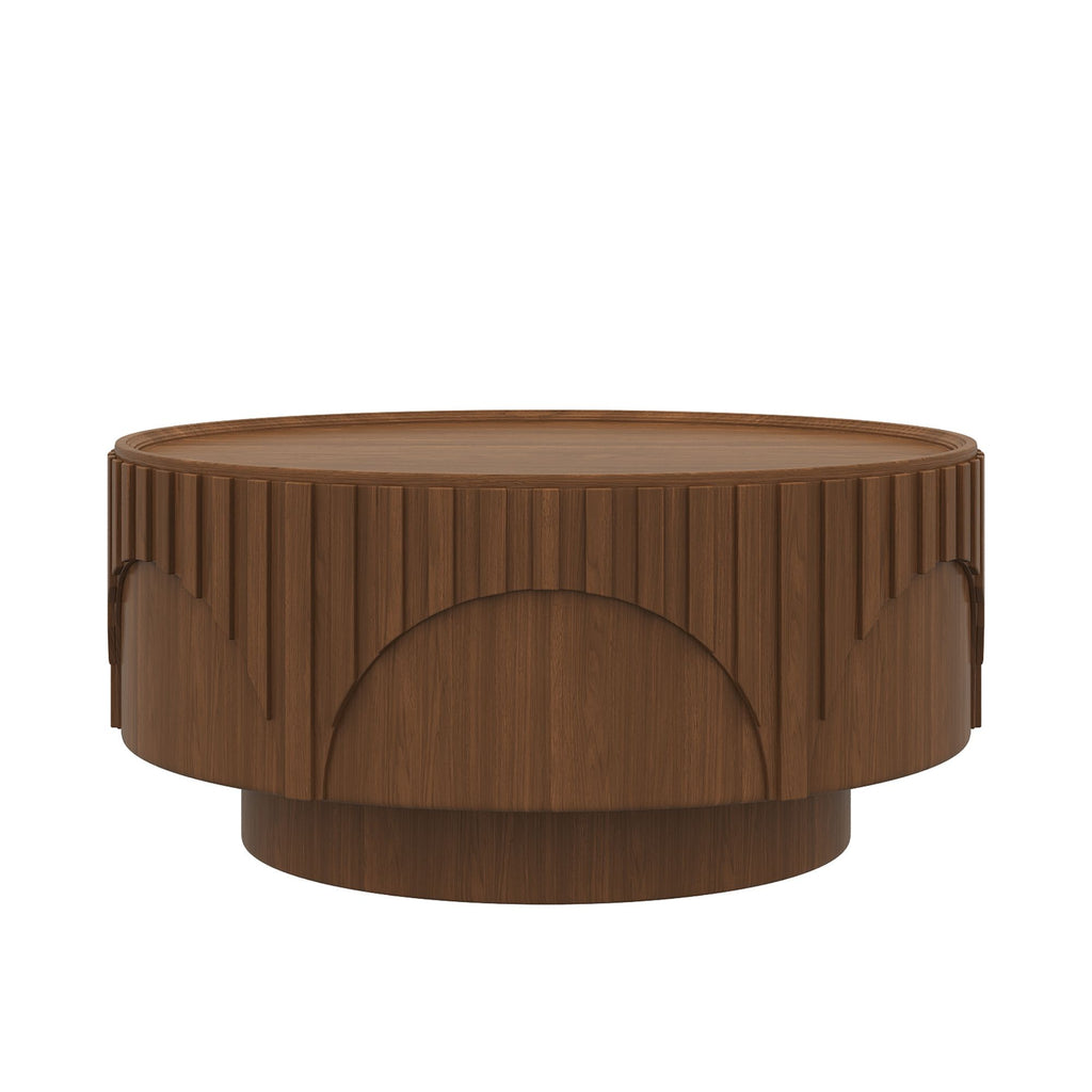Round Fluted Drum Coffee Table With Sturdy Base For Living Room
