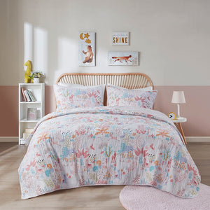 Iris - Twin Woodland Animals Reversible Cotton Quilt Set - Blush