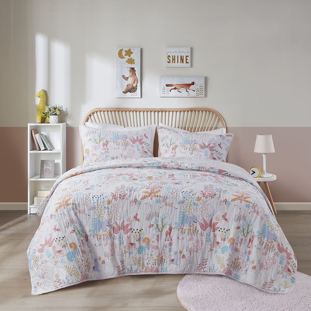 Iris - Full Woodland Animals Reversible Cotton Quilt Set - Blush