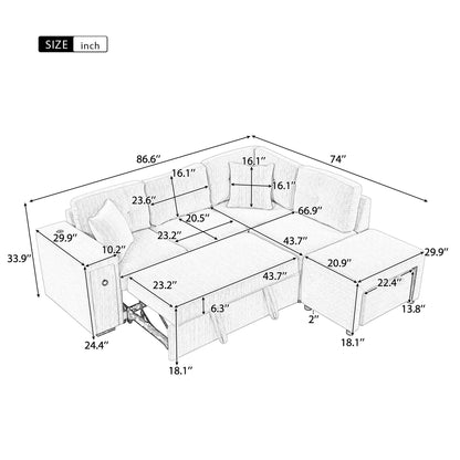 Sectional Sofa L-Shaped Sofa Couch Pull-Out Sofa Bed With A Movable Ottoman, Two USB Ports And Two Cup Holders For Living Room