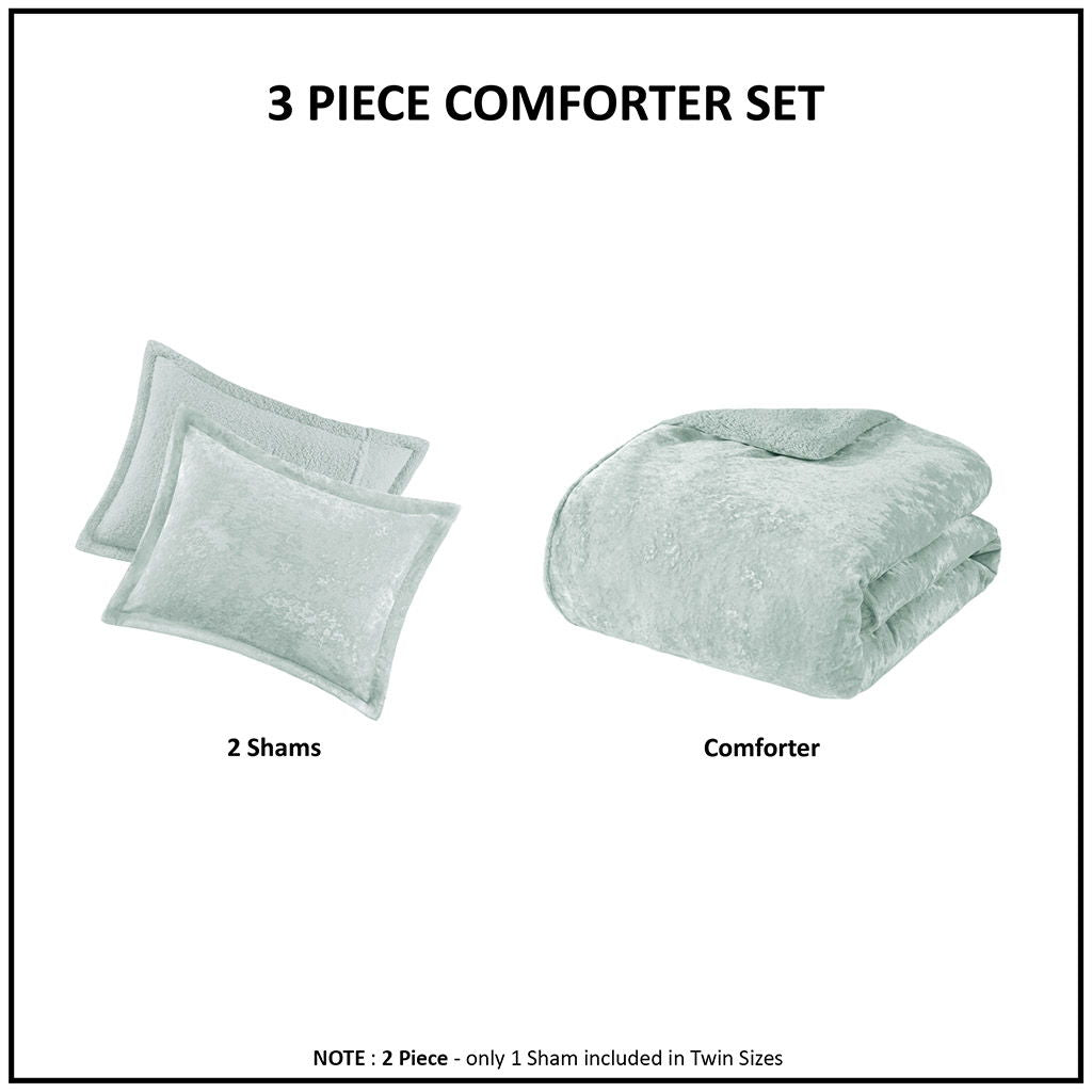 Mira - 3 Piece Full/Queen Crushed Velvet Sherpa Reversible Comforter Set - Aqua