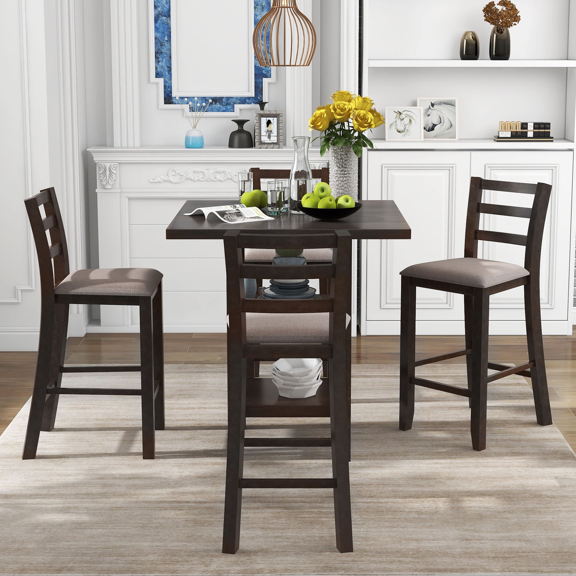 5 Piece Wooden Counter Height Dining Set With Padded Chairs, Storage Shelving