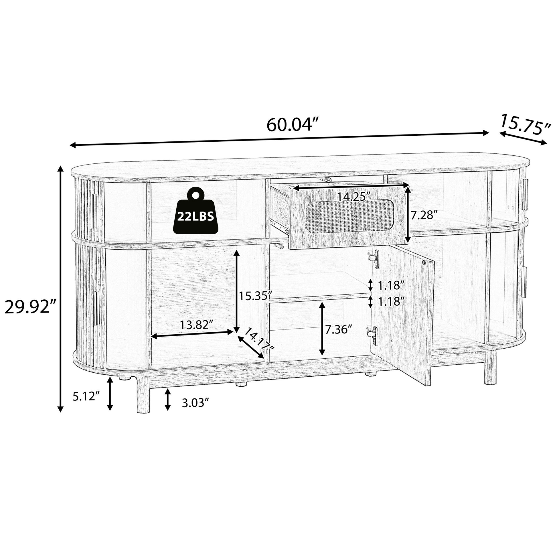 Fluted Sideboard Buffet Cabinet With Sliding Doors And Adjustable Shelves