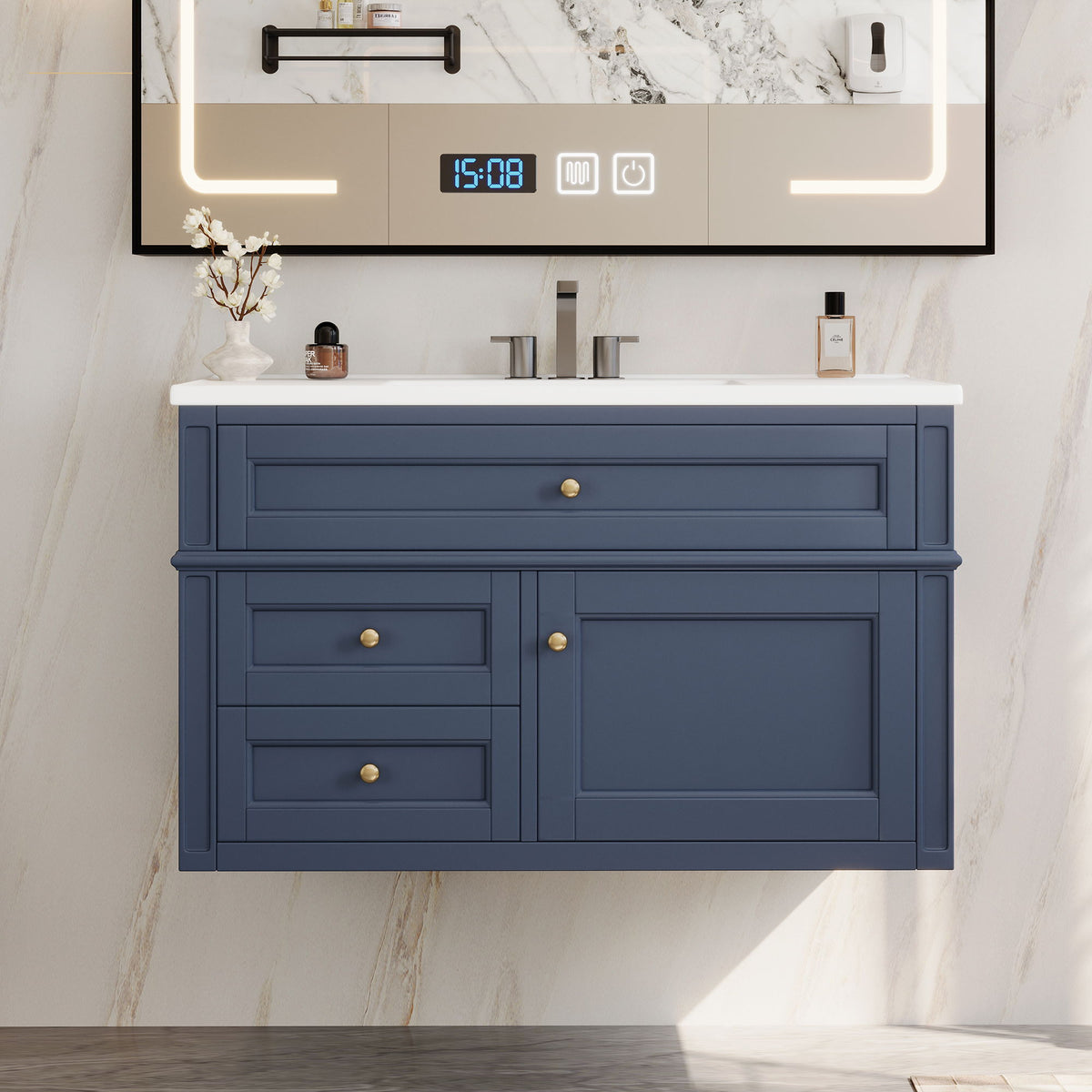 Modern Wall Mounted Floating Cabinet With Double Drawer And Sink