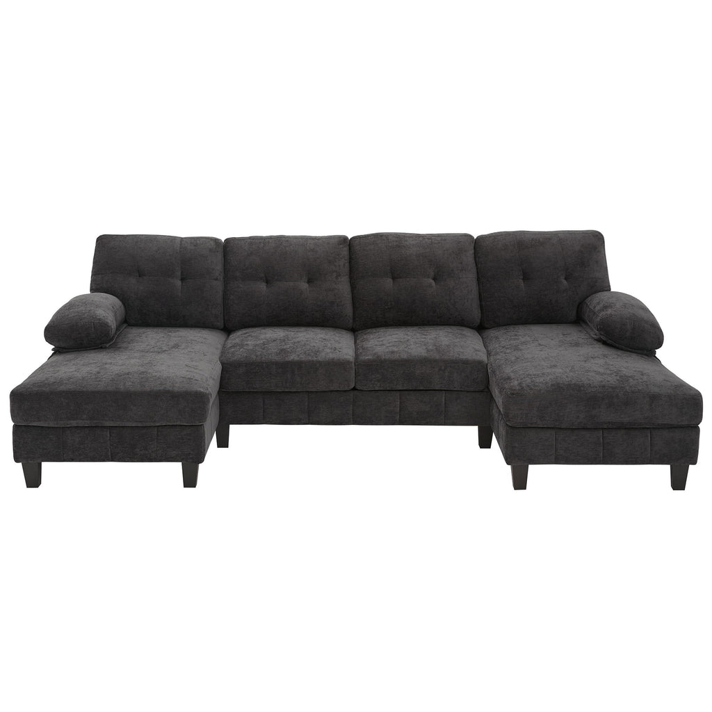 U-Shaped Sectional Sofa 103.5" Black Chenille Fabric Couch With Dual Chaise Lounges, Storage Pockets, Armrest Pillows