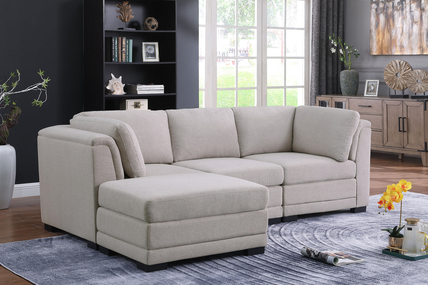 Kristin - Fabric Reversible Sectional Sofa With Ottoman - Light Gray