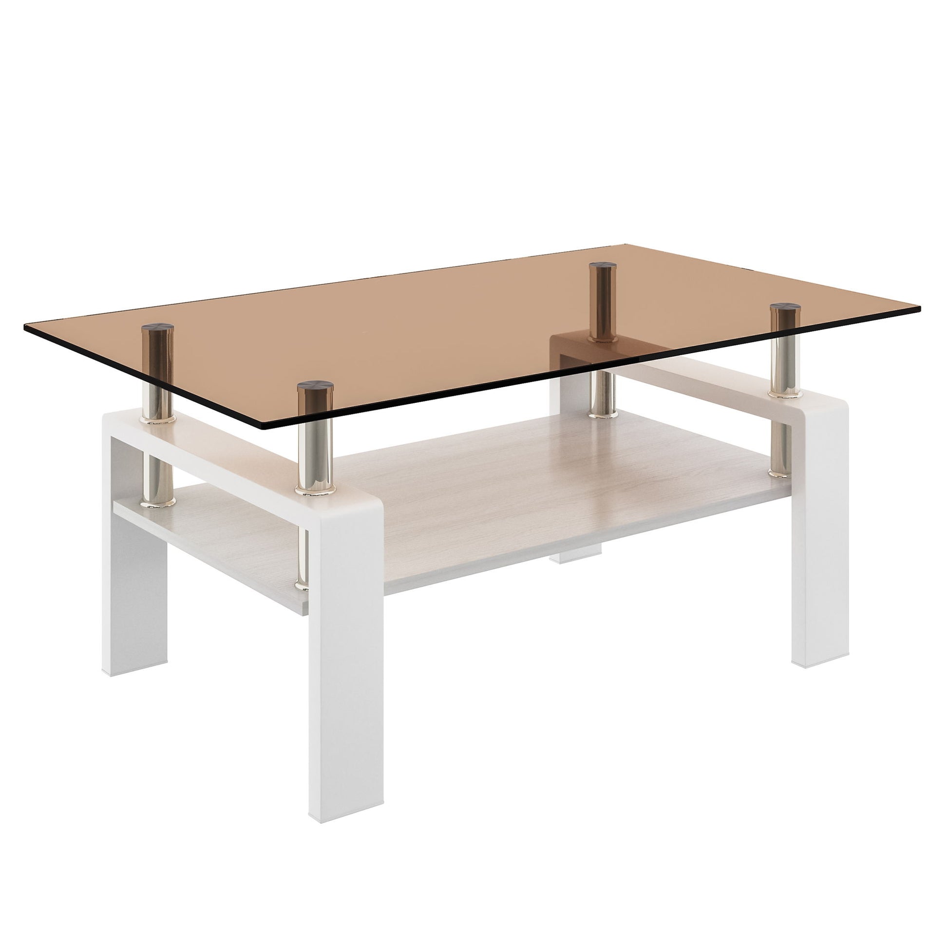 Modern Rectangular Coffee Table With Tempered Transparent Glass Top And Storage Shelf