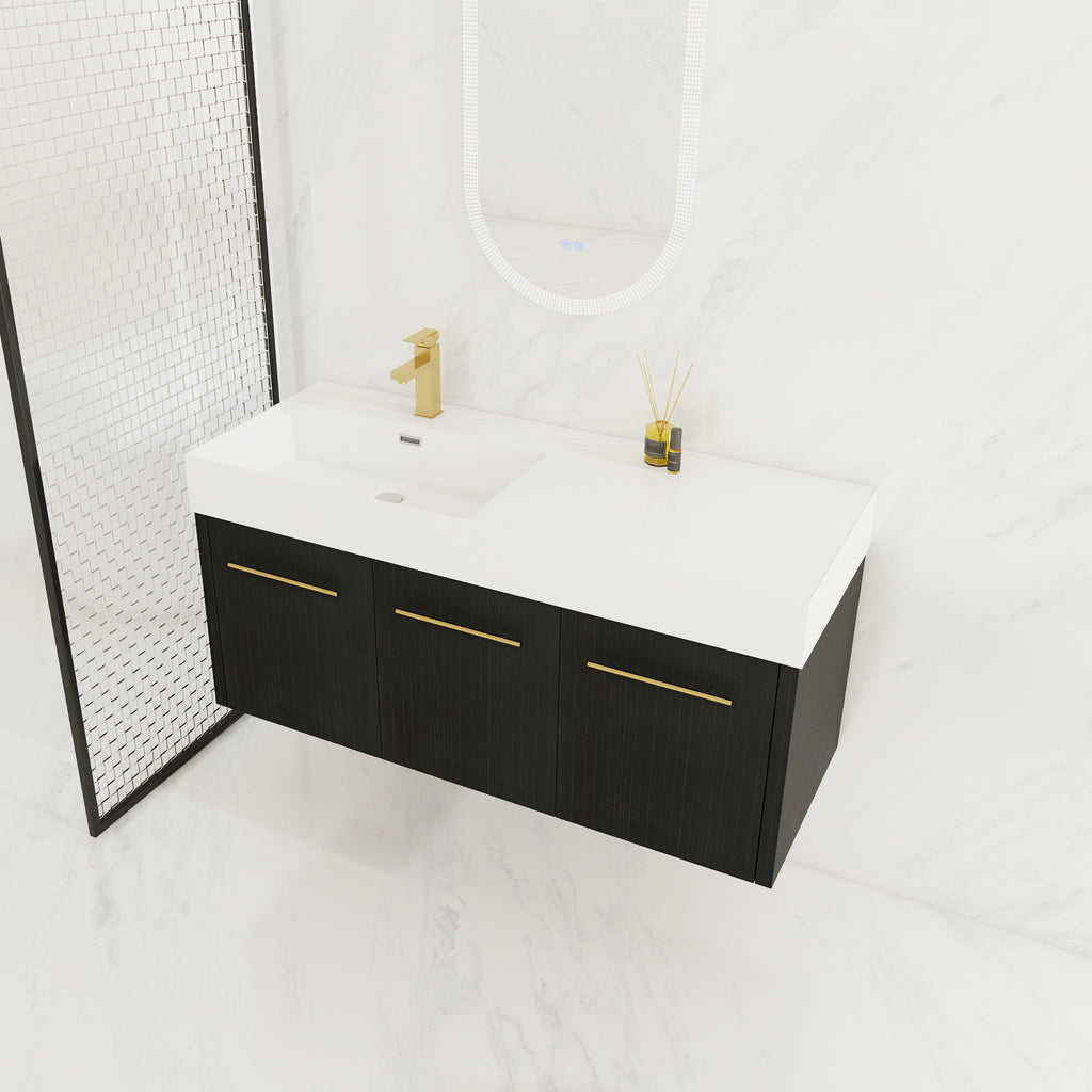 Contemporary 48" Wall Mounted Bathroom Vanity With Resin Sink And Soft Closing Doors And Line - Black Chestnut