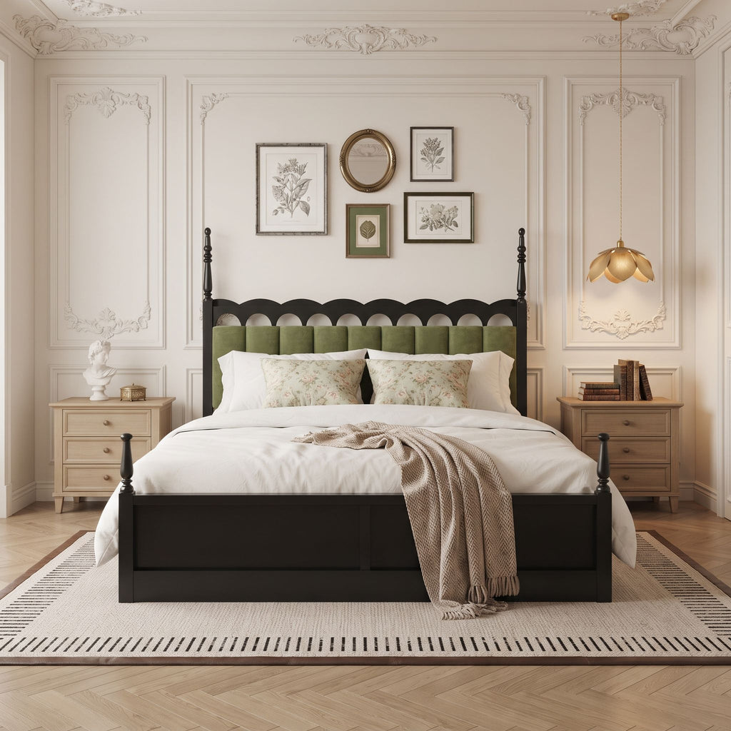 Platform Bed Frame With Tufted Upholstered Scallop Headboard