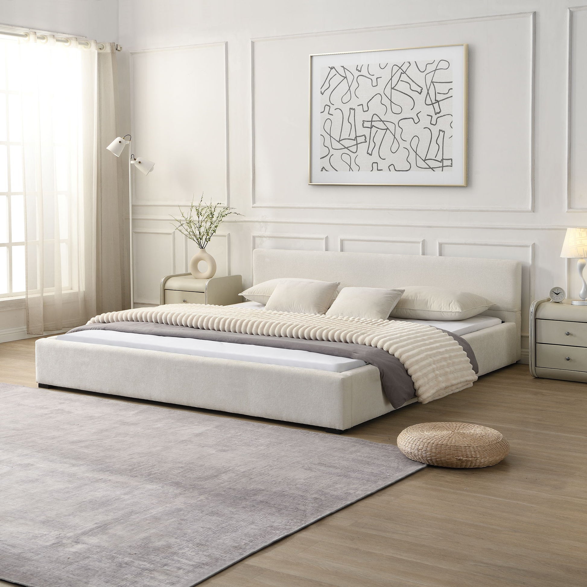 Elegant Wide Bed With Soft Fabric Upholstery