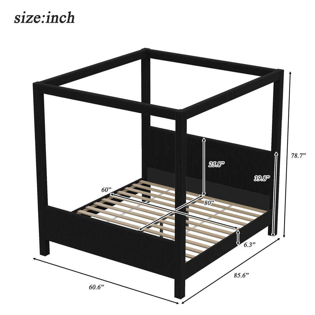 Upholstered Canopy Platform Bed With Headboard And Footboard, Vertical Ribbed Design