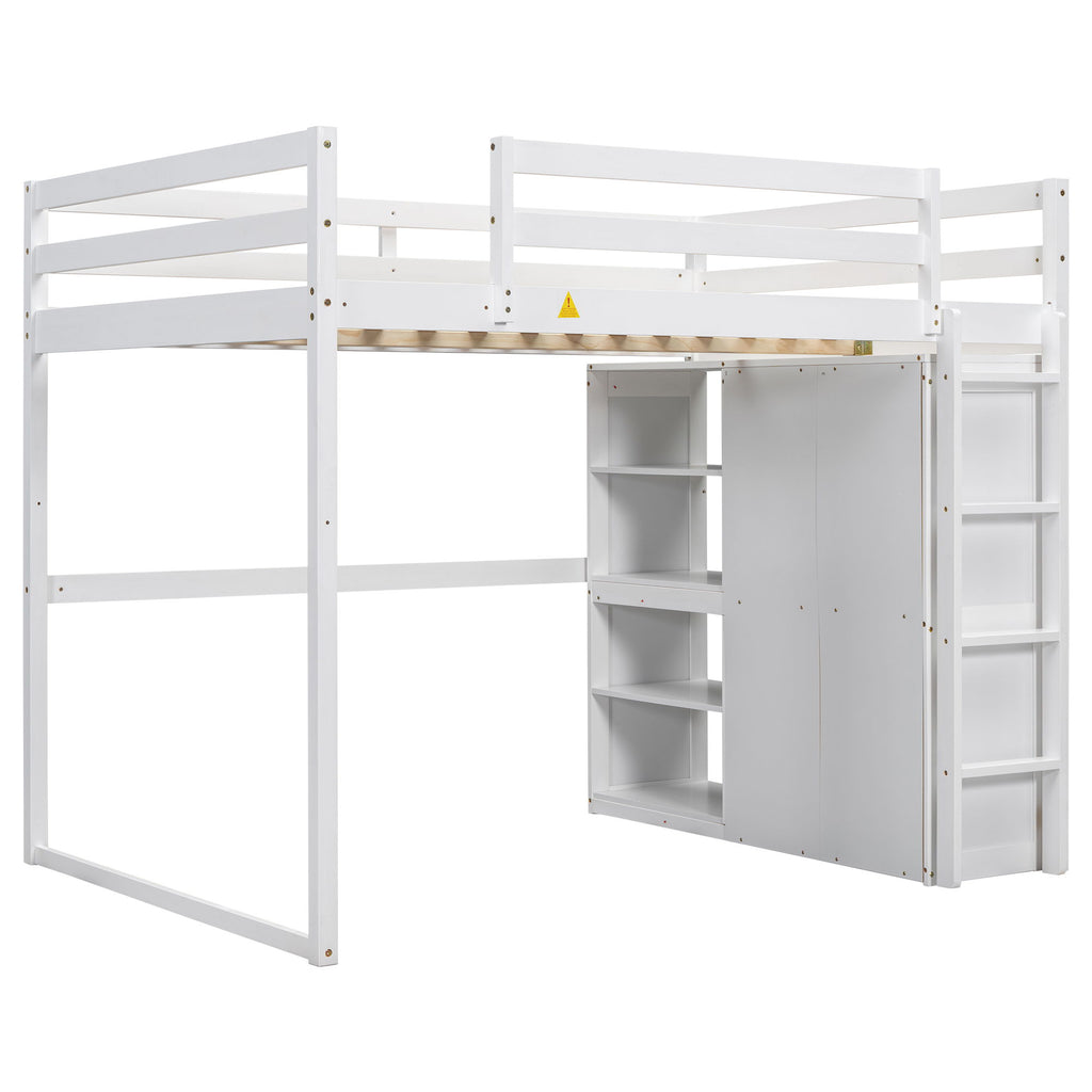 Loft Bed With Built In Wardrobe, Storage Shelves, And LED Light