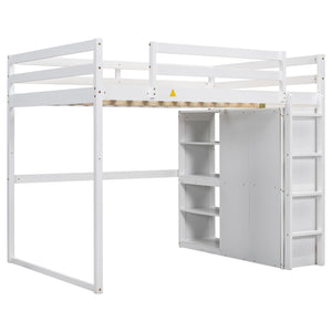 Loft Bed With Built In Wardrobe, Storage Shelves, And LED Light