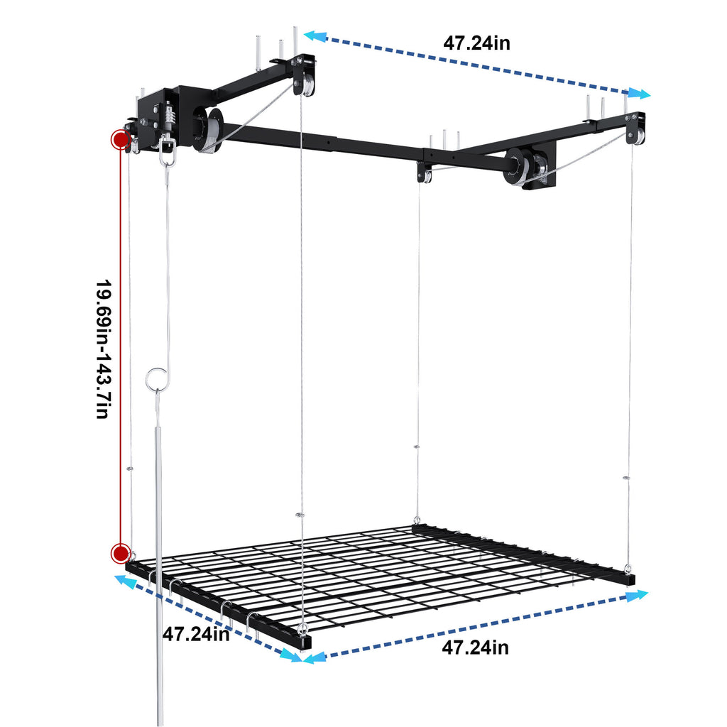 Overhead Garage Storage Rack 4 X 4 Ft For High Ceilings, With Safety Lock - Black