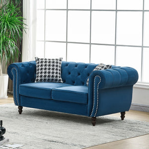 Chesterfield Velvet Fabric Sofa With Roll Armrest And Nailhead, Mid Century 2 Seater Couch In Blue