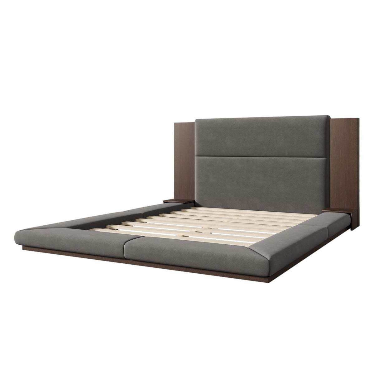 Floor Upholstered Platform Bed With Extended Headboard & Bedside Shelf