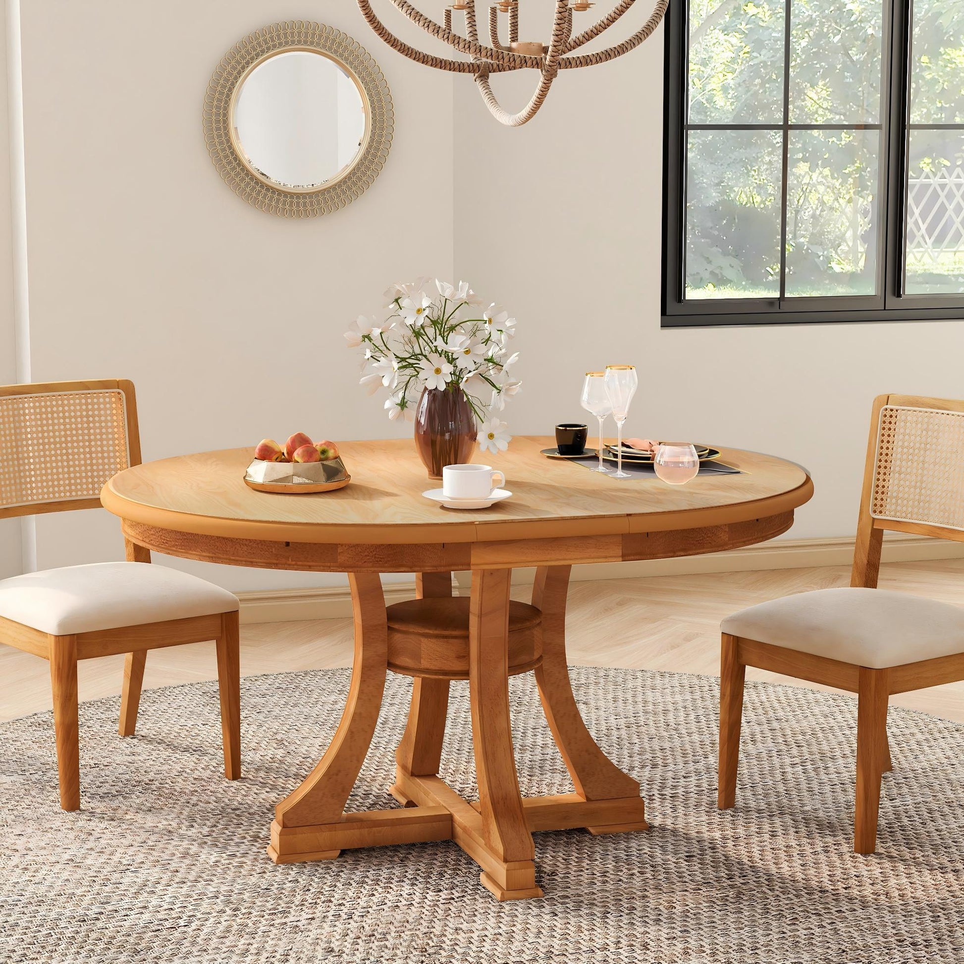 Extendable Round Dining Table, Adjustable Length, Construction With Space Saving Design - Natural Wood