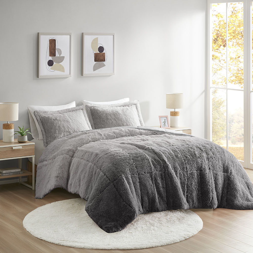 Brielle - Twin Ombre Shaggy Long Comforter Mini Set - Gray