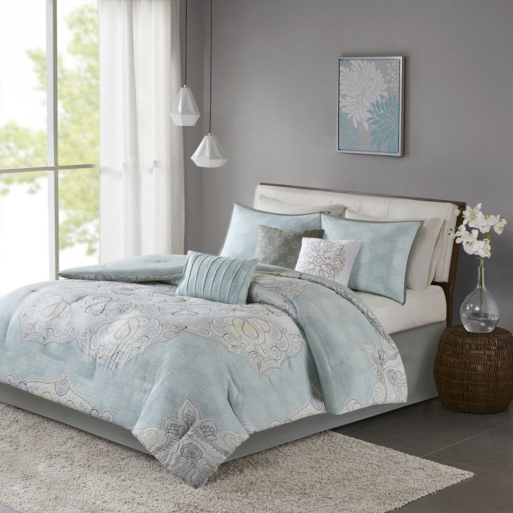 Lucinda - California King 7 Piece Reversible Sateen Comforter Set - Seafoam