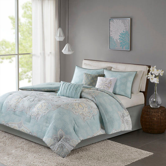 Lucinda - Queen 7 Piece Reversible Sateen Comforter Set - Seafoam