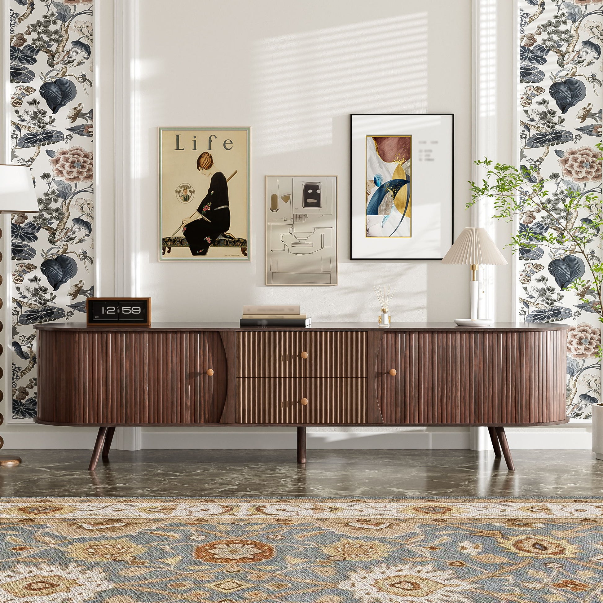 70" TV Stand With Tambour Doors And Fluted Drawers - Dark Brown