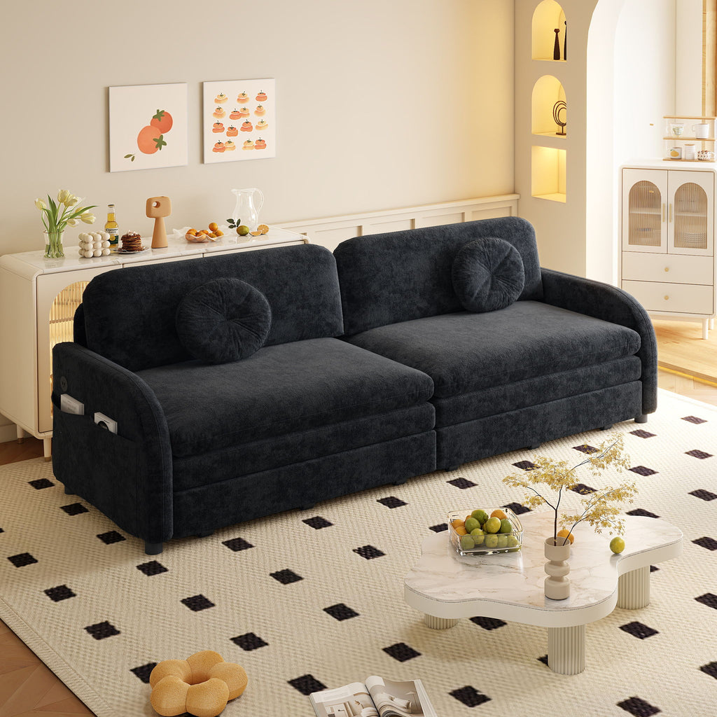 Upholstered Pull Out Couch With Side Pocket & USB Port