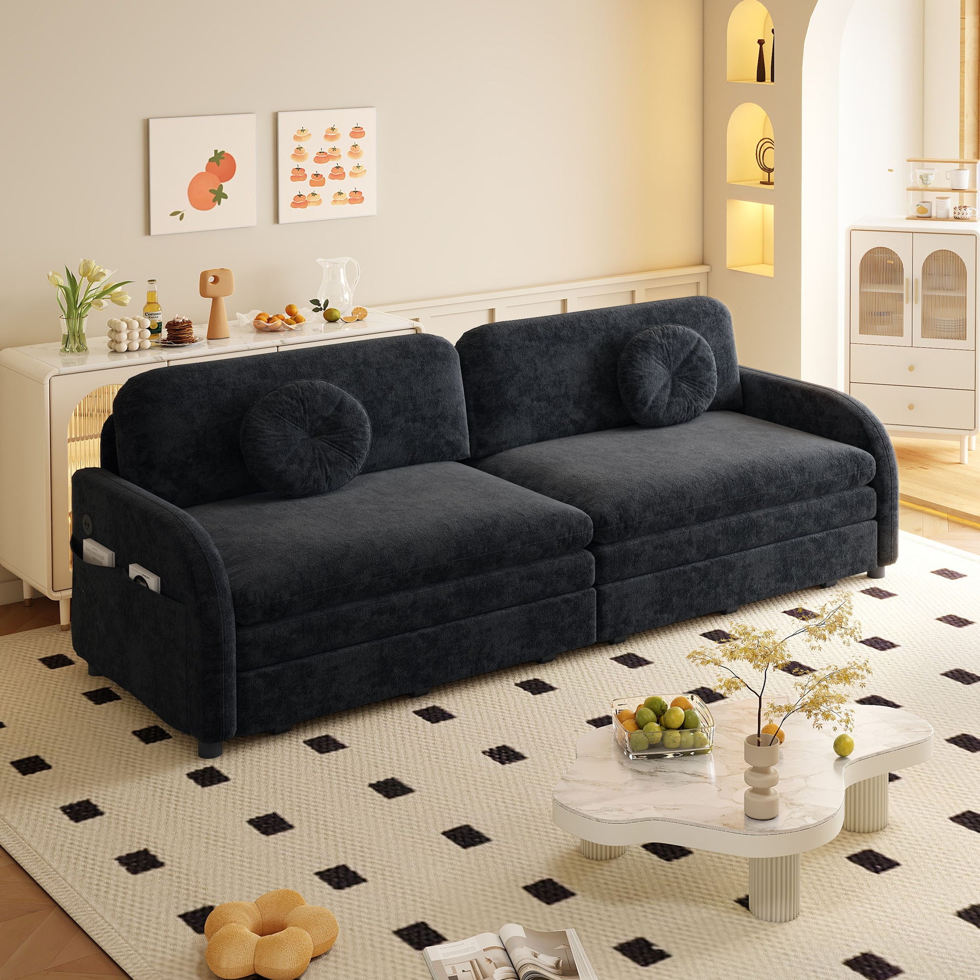Upholstered Pull Out Couch With Side Pocket & USB Port
