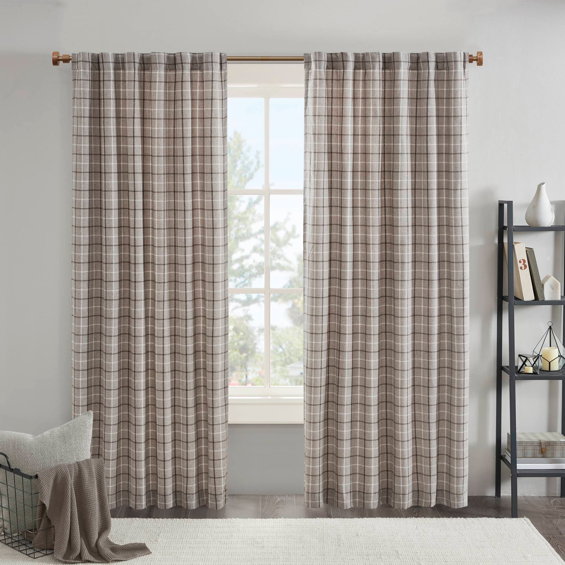 Anaheim - 50x63" Plaid Rod Pocket And Back Tab Curtain Panel With Fleece Lining - Brown