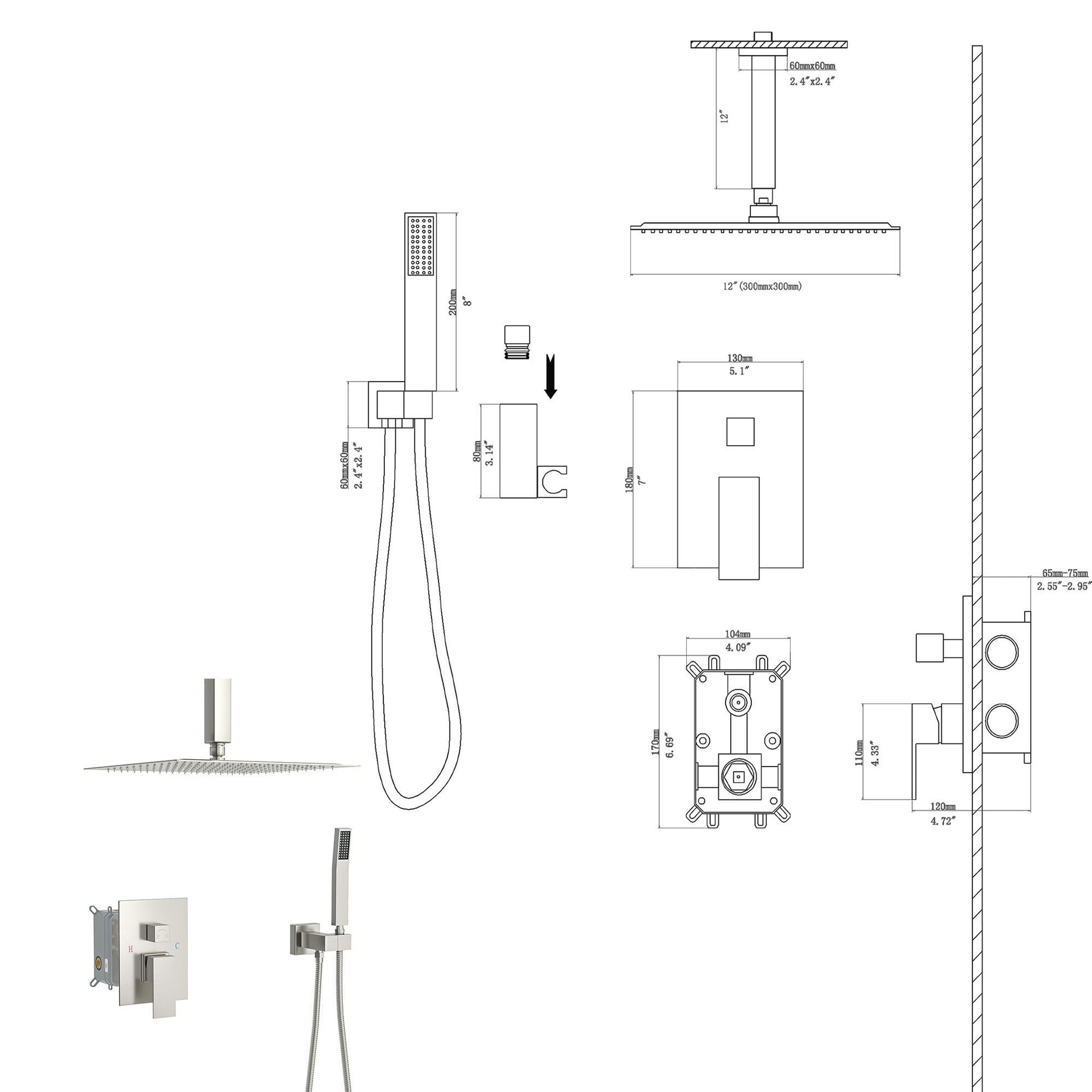 Dual Shower Head System With 12" Square Rain Shower And Rough In Valve