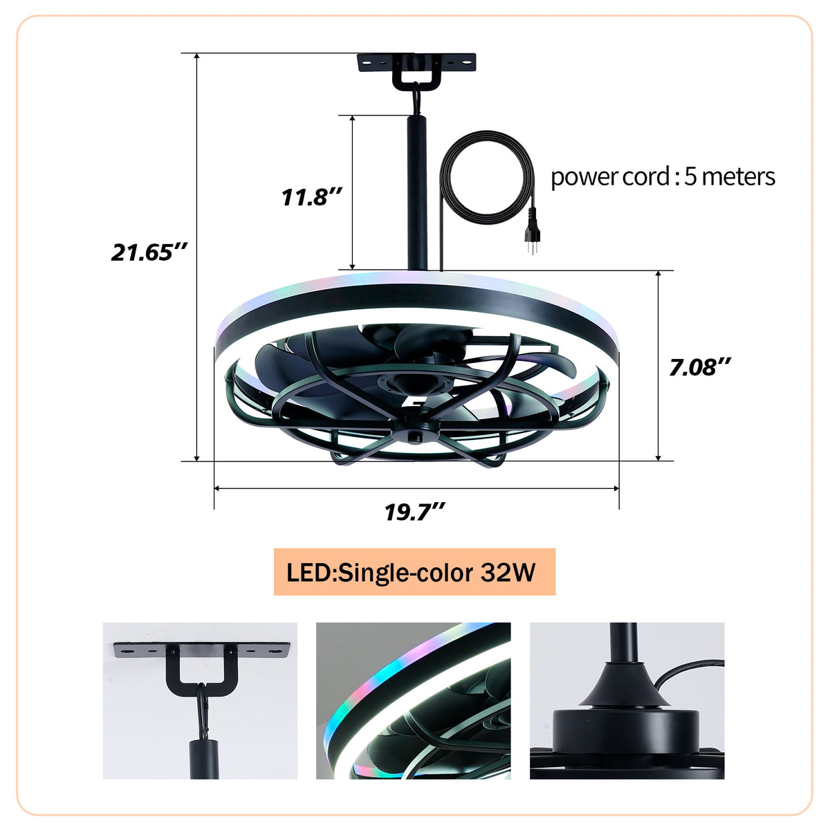 Ceiling Fan Light LED Light Source And Remote Control, 3000 - 6500K Dimmable LED Fan Light, 6 Speeds, For Living Room - Matte Black