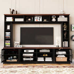 Wall Unit Entertainment Center With Bookshelves For TVs Up To 80", Modern TV Stand Media Console With Cabinets, Tempered Glass Doors And Adjustable Shelves For Living Room - Black