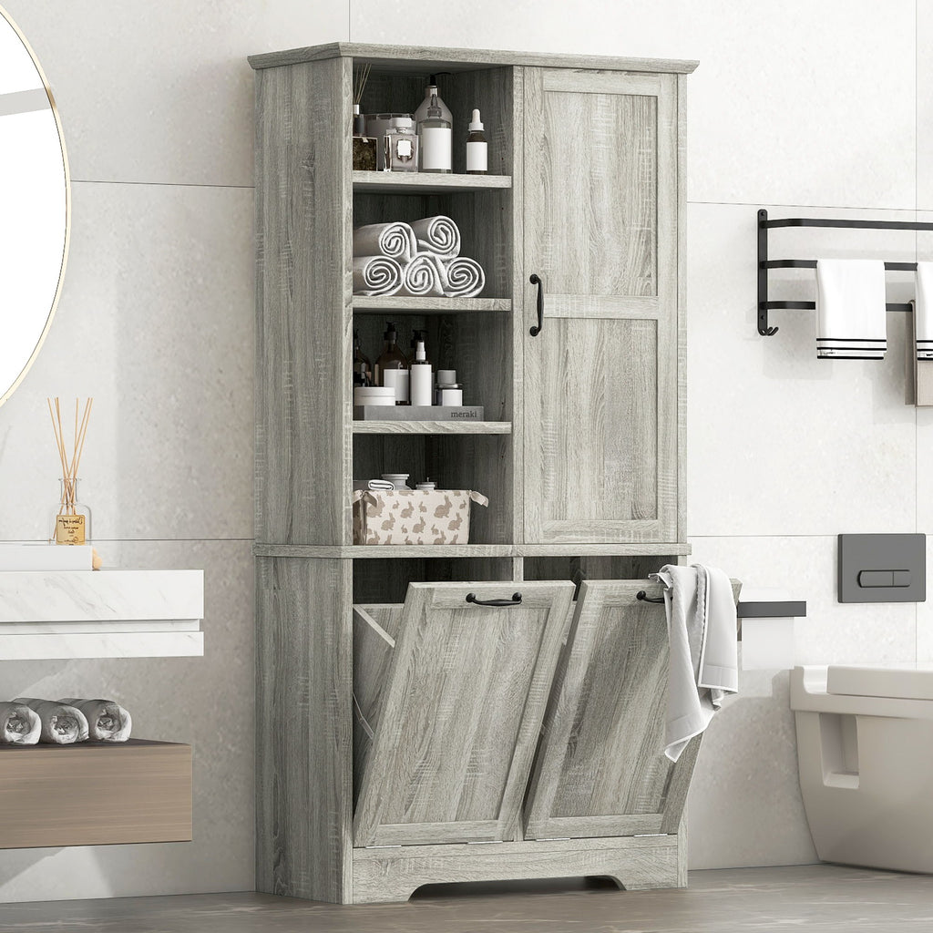 Freestanding Storage Cabinet With Doors, Tilt Out Drawers, Adjustable Shelves, Open Shelf, Bathroom & Laundry Room Organizer - Oak