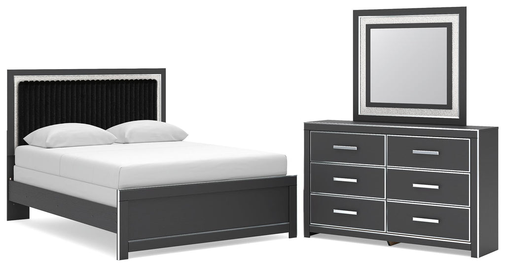 Zuraleus - 3 Pc. - Queen Upholstered Panel Bed, Dresser And Mirror - Black