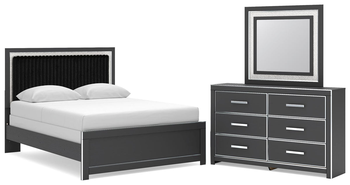 Zuraleus - 3 Pc. - Queen Upholstered Panel Bed, Dresser And Mirror - Black