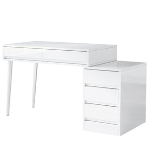 Glossy Desk With 5 Drawers & Printer Stand, Reversible Home Office Computer And Vanity Table For Small Spaces - White