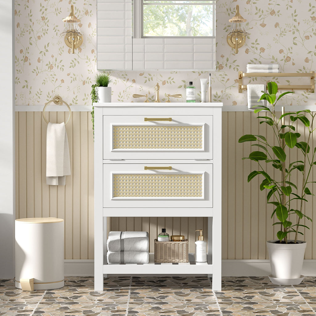 Modern Bathroom Vanity With Integrated Sink, Cabinet With 1 Deep Drawer And 1 Tip-Out Drawer