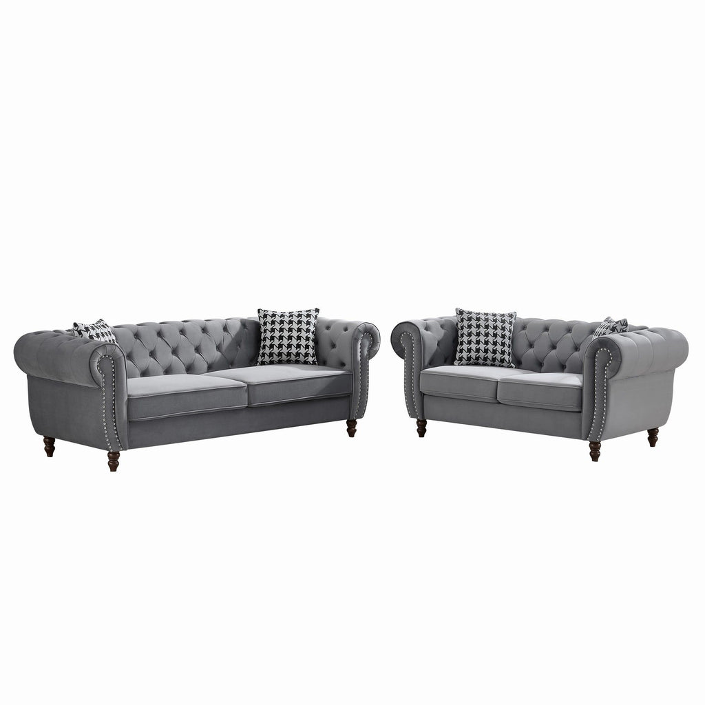 Chesterfield 3 And 2 Seater Velvet Upholstery Sofa With Roll Armrest & Nailhead Fabric Couch