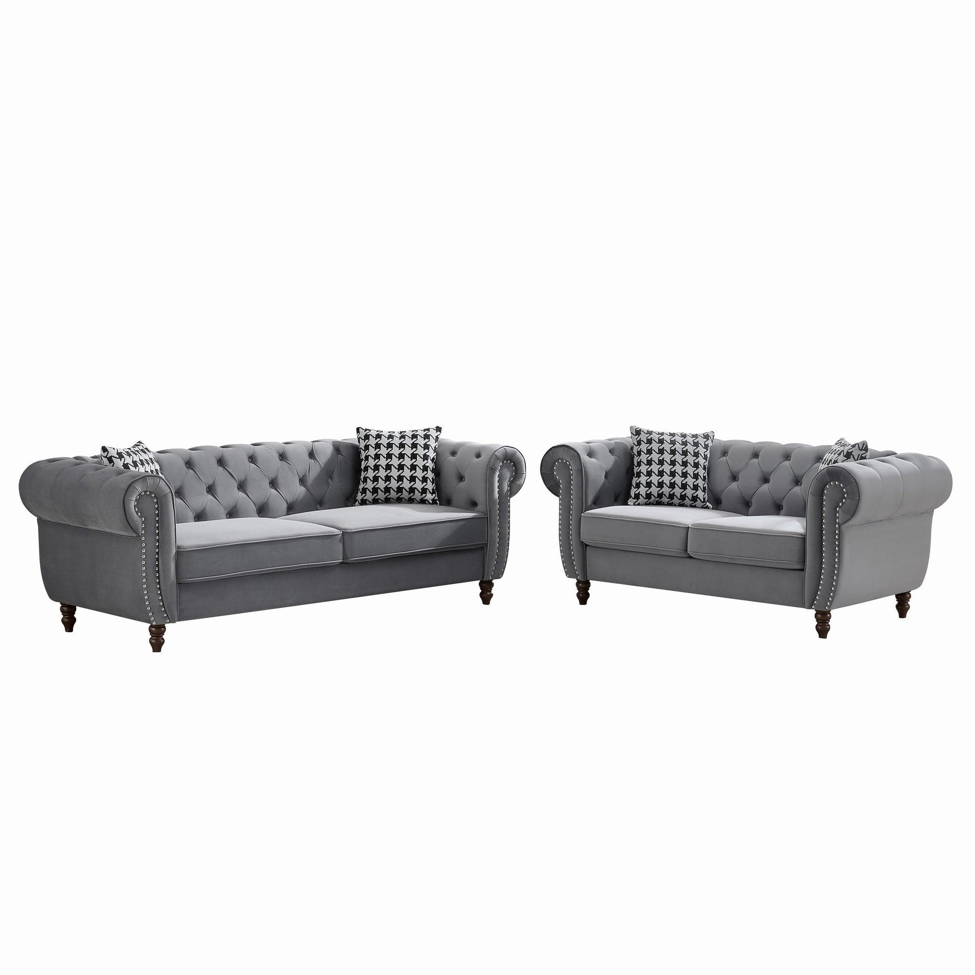 Chesterfield 3 And 2 Seater Velvet Upholstery Sofa With Roll Armrest & Nailhead Fabric Couch